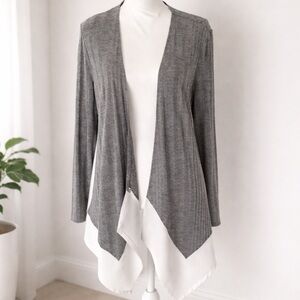 Bar III Gray Ribbed Open Front Cardigan White Chiffon Hem Size L